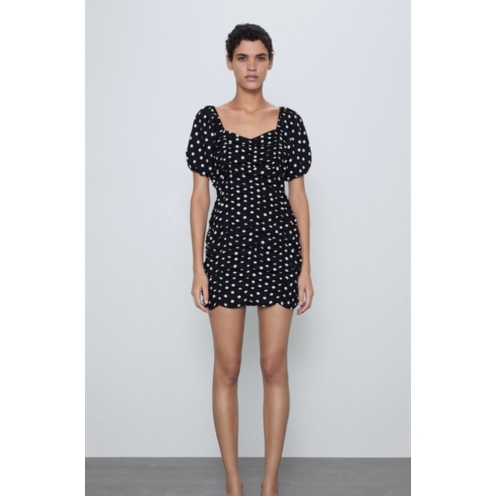 Zara Black Polka Dot Short Puff Sleeve Ruched Mini Dress S